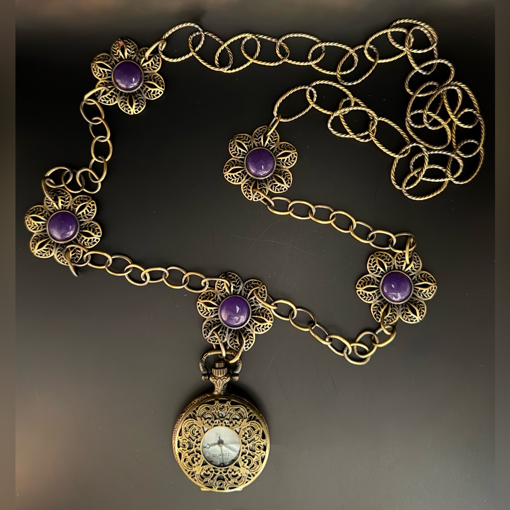 Charming, Bronze, Vintage Necklace. Pocket Watch Pendant. Five Flowers. Lovely.